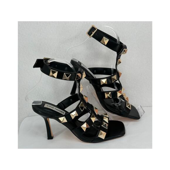 Steve Madden Buker Black Sandal Heels with Gold Studs Ankle Strap Buckle 7M - Picture 3 of 8